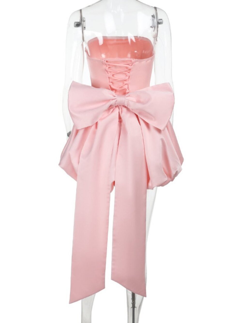 ✨“Blush Bow” Pink Strapless Bow Back Bubble Mini Party Dress - Picture 7 of 8